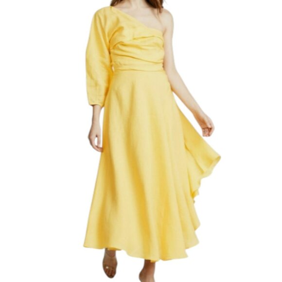 RACHEL COMEY Tipple One Shoulder Pleated Linen Asymmetrical Dress in Yellow  SZ:8 - threedaughtersproperties.com